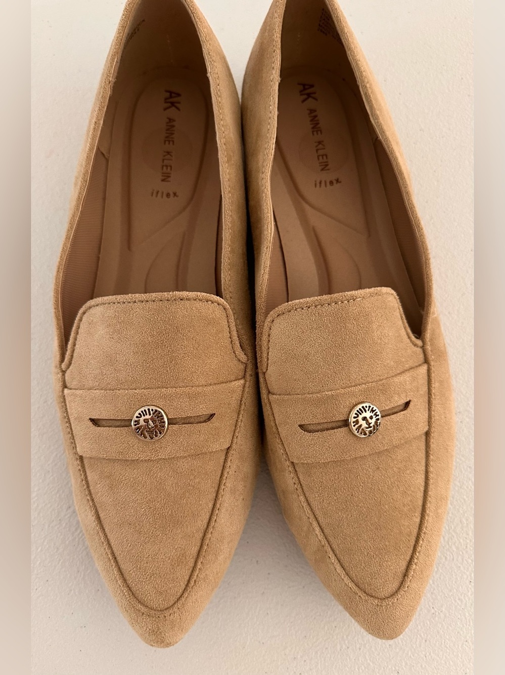 Anne Klein Tan Suede Pointed-Toe Loafers with Gold Medallions